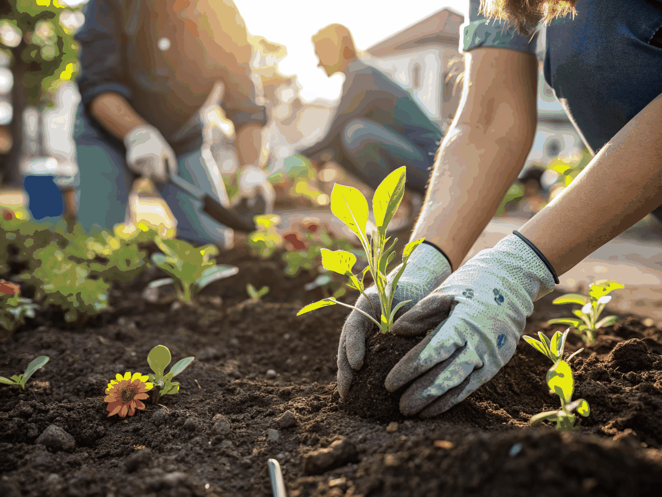Hands working with soil and native plants