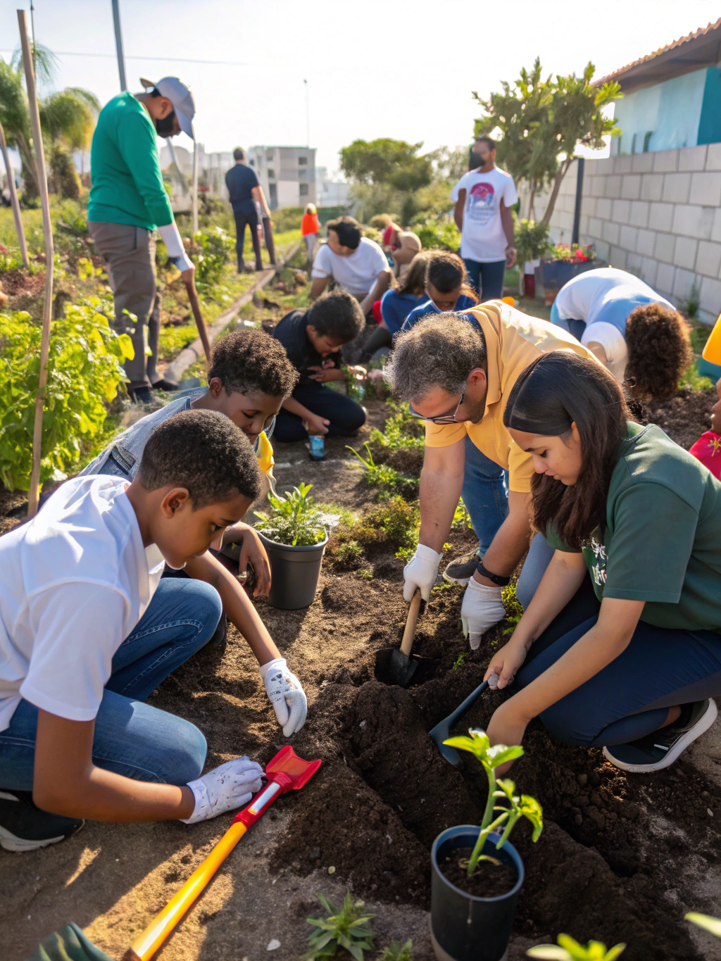 Hands working together in the soil during a community workshop