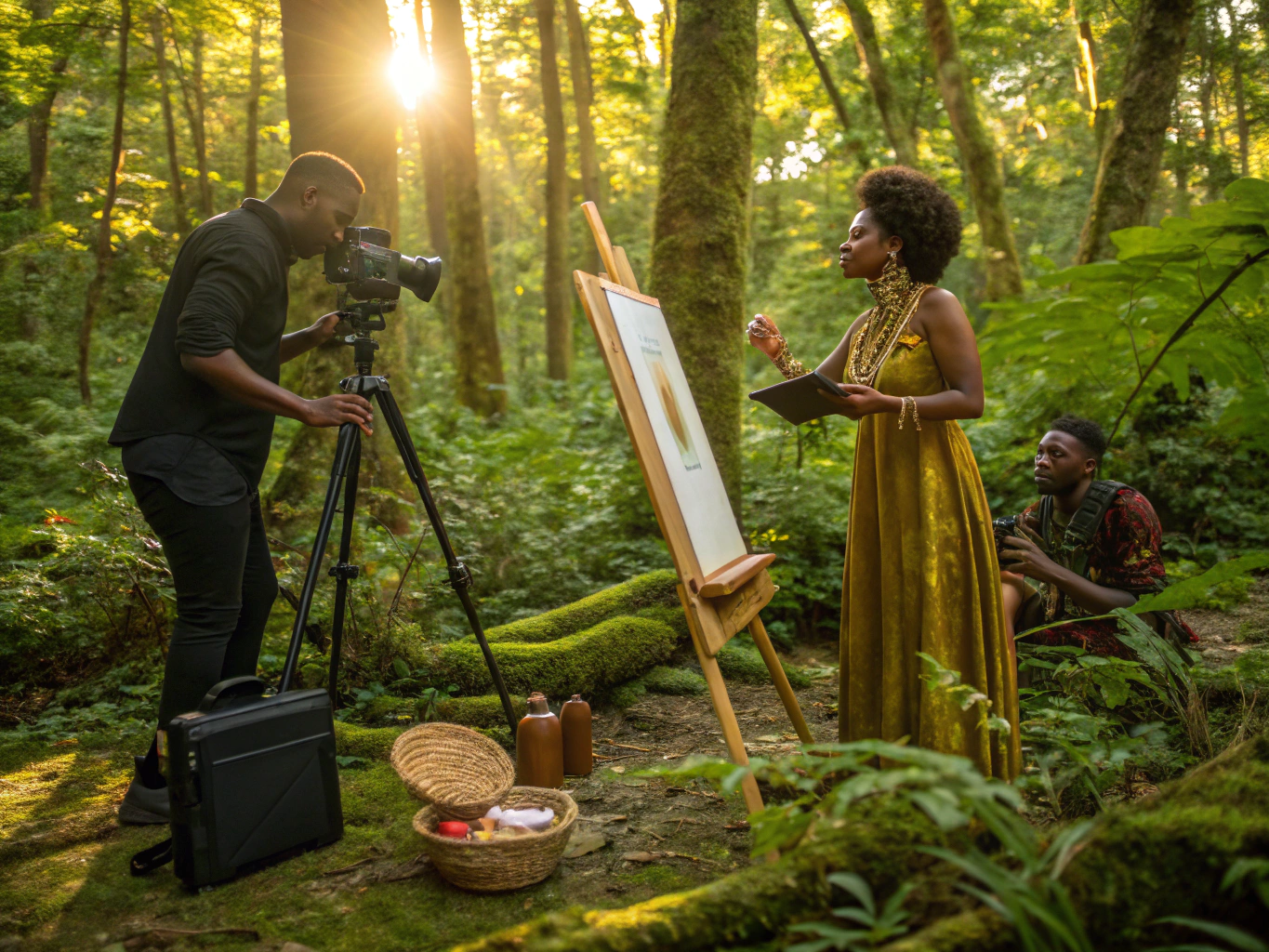 Artist creating nature-inspired work outdoors