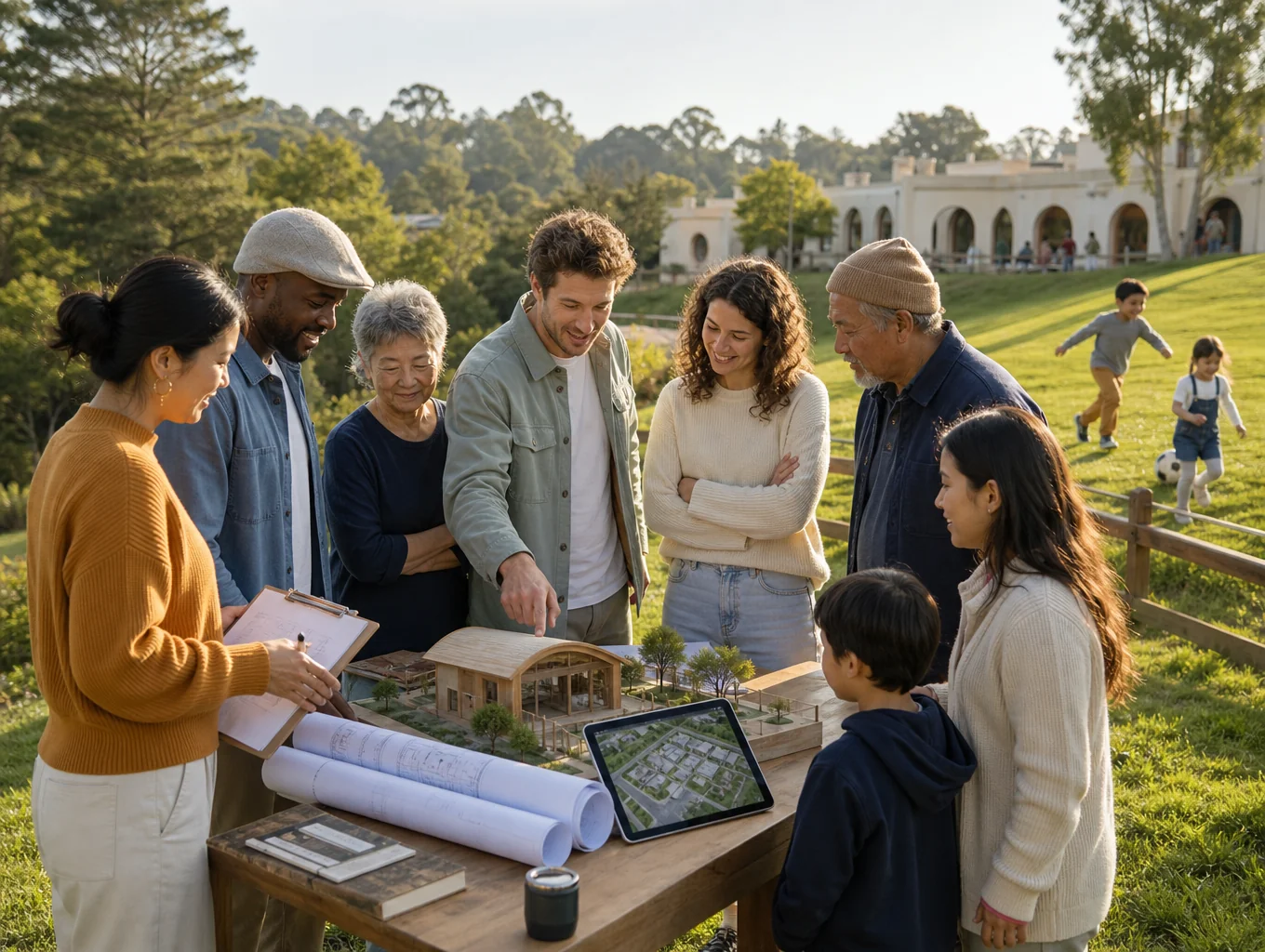 Diverse group collaborating on a land project