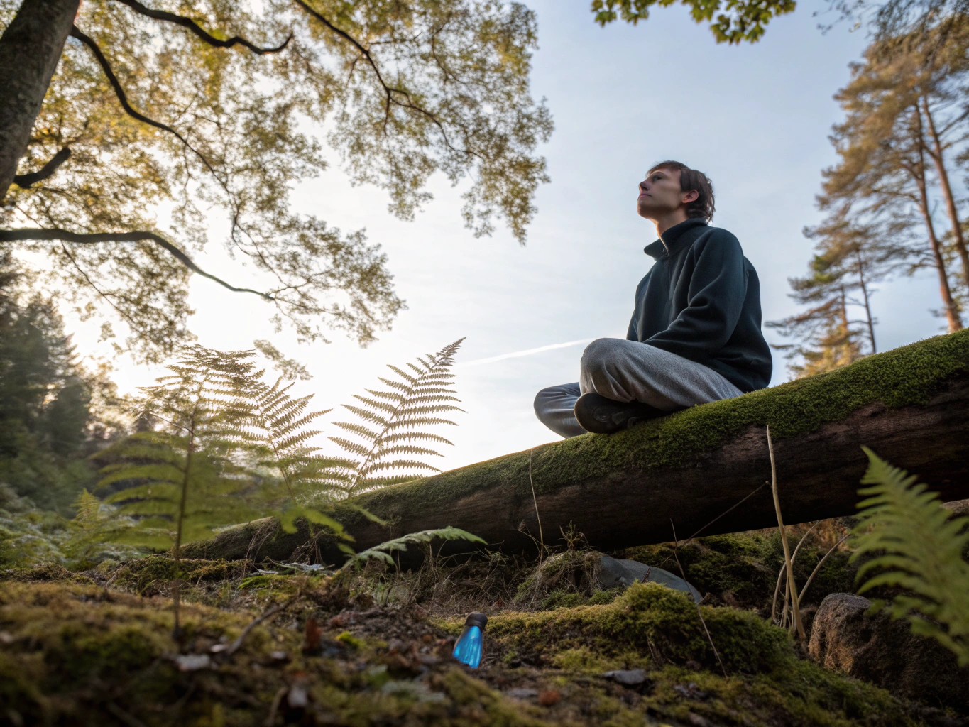 Person sitting peacefully in a sun-dappled forest