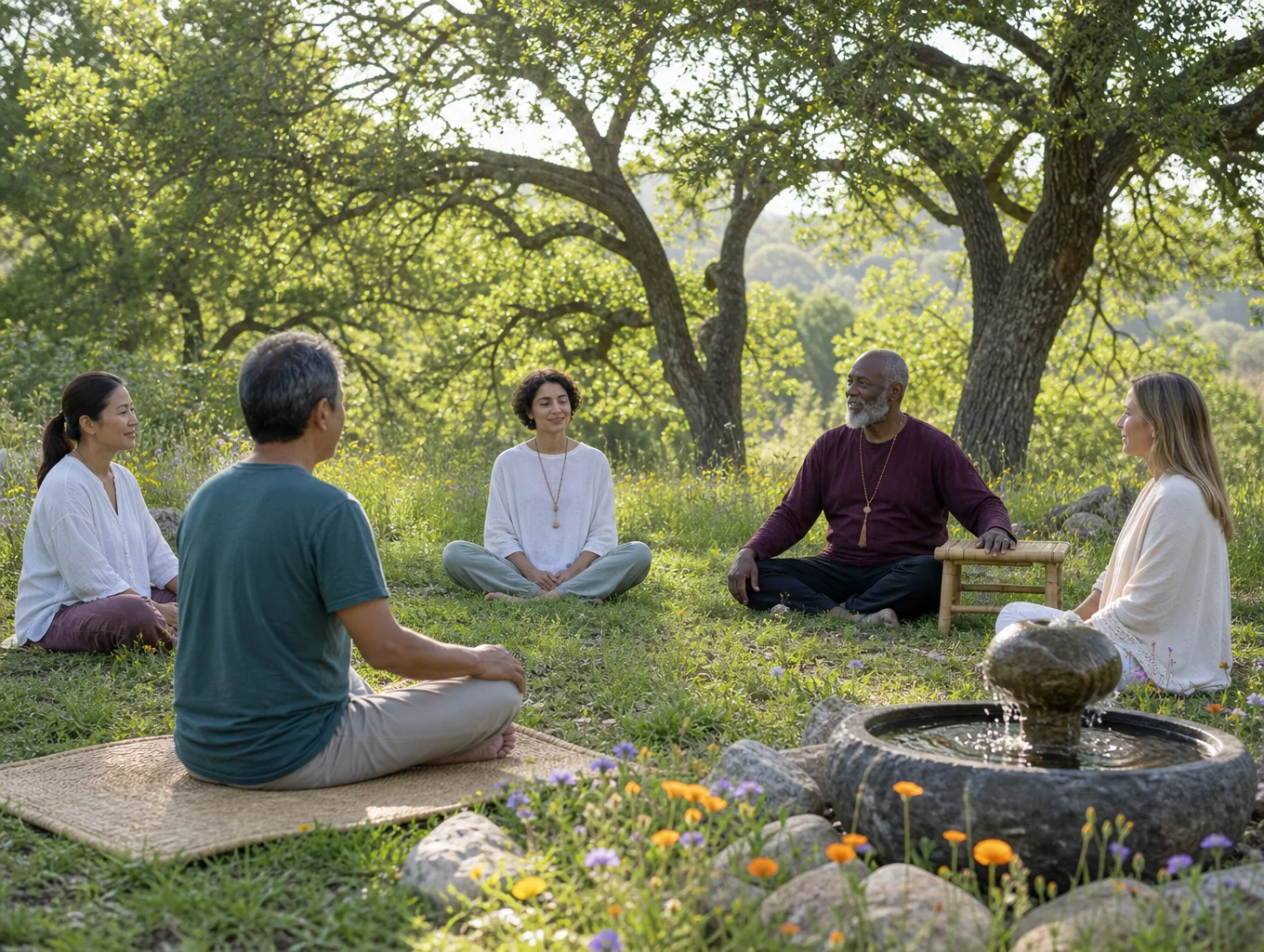 Group of people sitting in a circle in a meadow