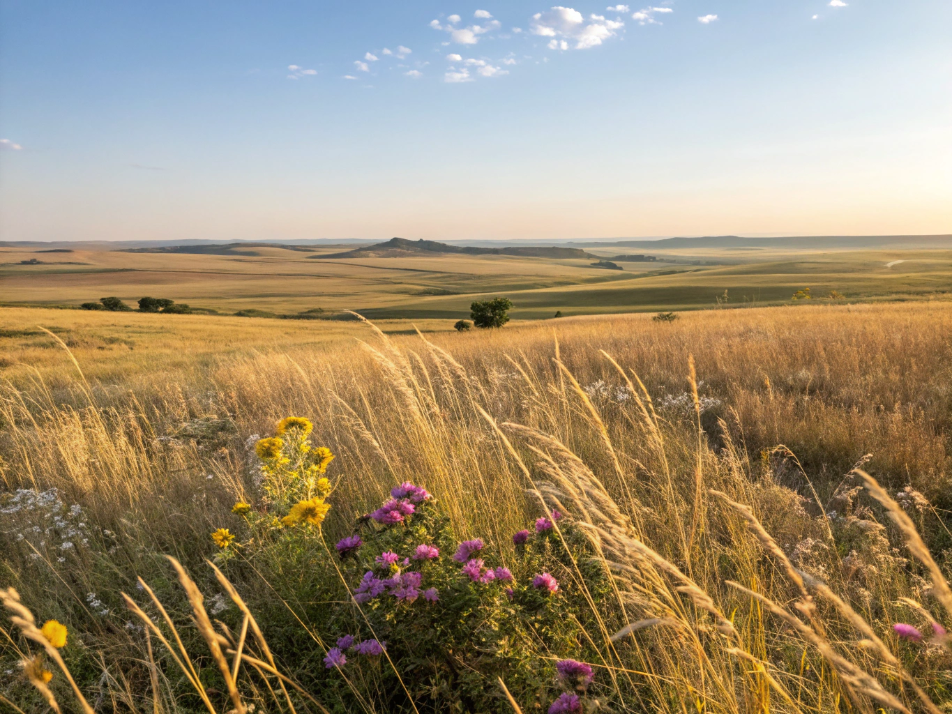 Sunlight filtering through native prairie grasses at Hickory Farm Homestead