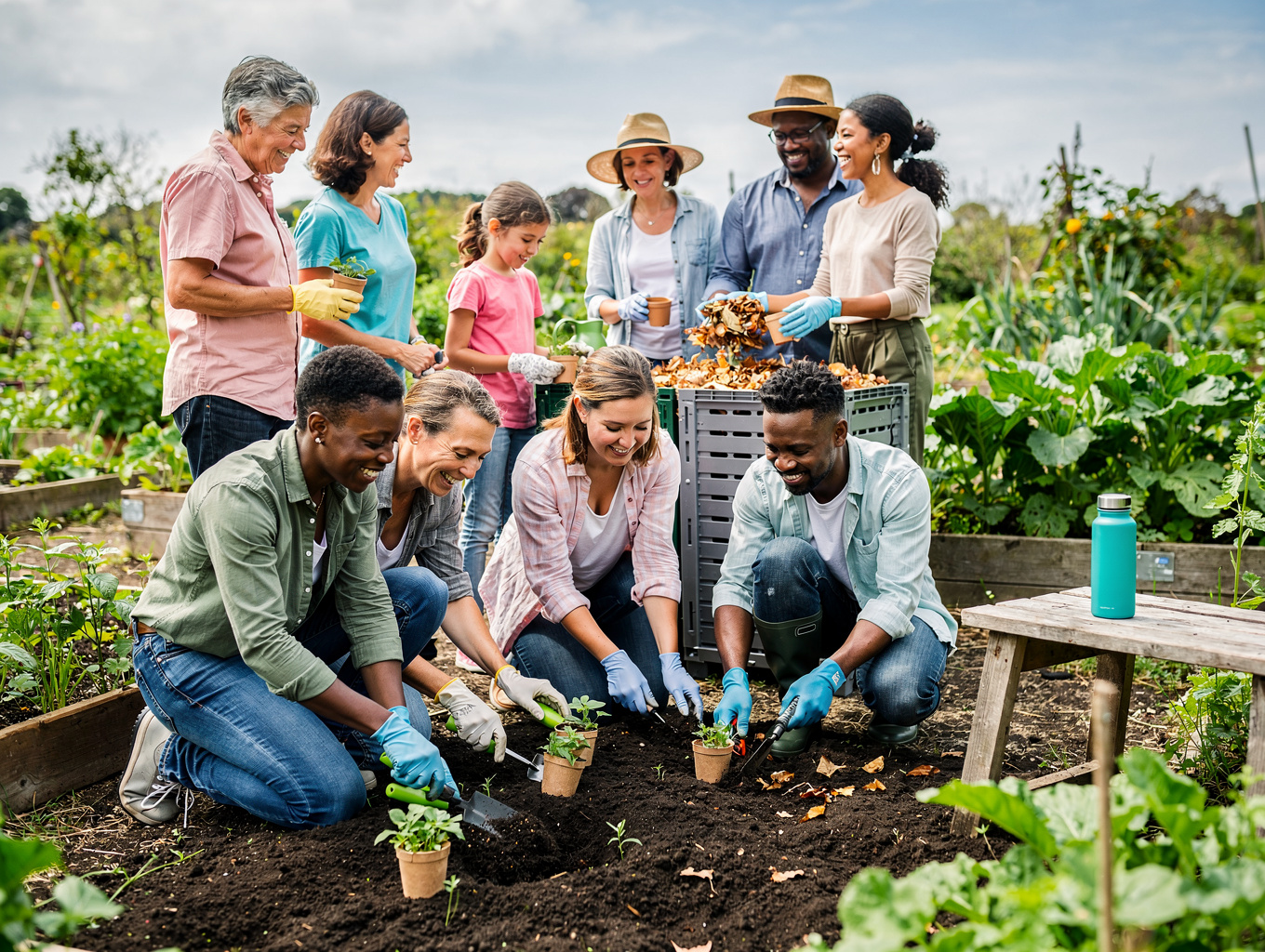 Community members tending to a lush food forest